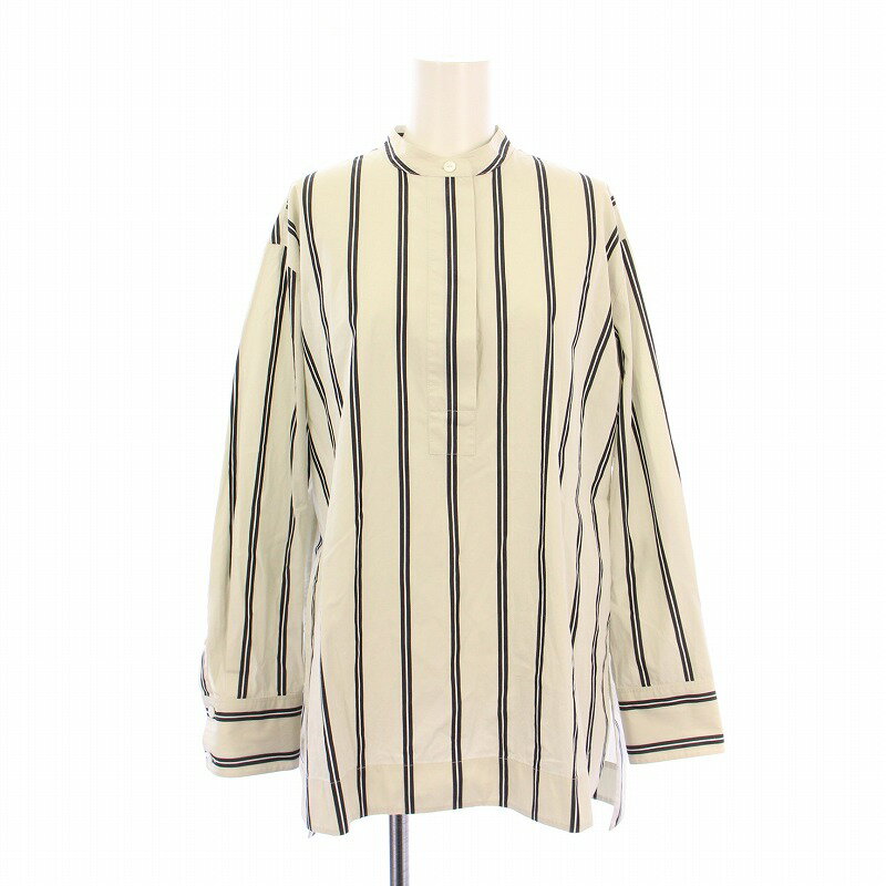 【中古】セオリー Theory VENTURA STRIPE HI LOW TUNIC ベンチュラストライプハイローチュニック シャツ ブラウス 長袖 バンドカラー ハーフボタン S ライトグレー 黒 ブラック 2108204 /BB レディース 【ベクトル 古着】 250420