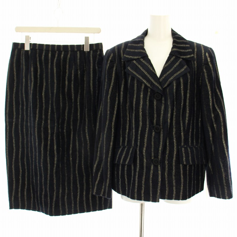 【中古】レマロン remalon スーツ セットアップ 上下 テーラードジャケット シングル タイトスカート ひざ丈 ストライプ 大きいサイズ 15 黒 ブラック ゴールド色 2411672Y 2411872X /HN レディース 【ベクトル 古着】 250602