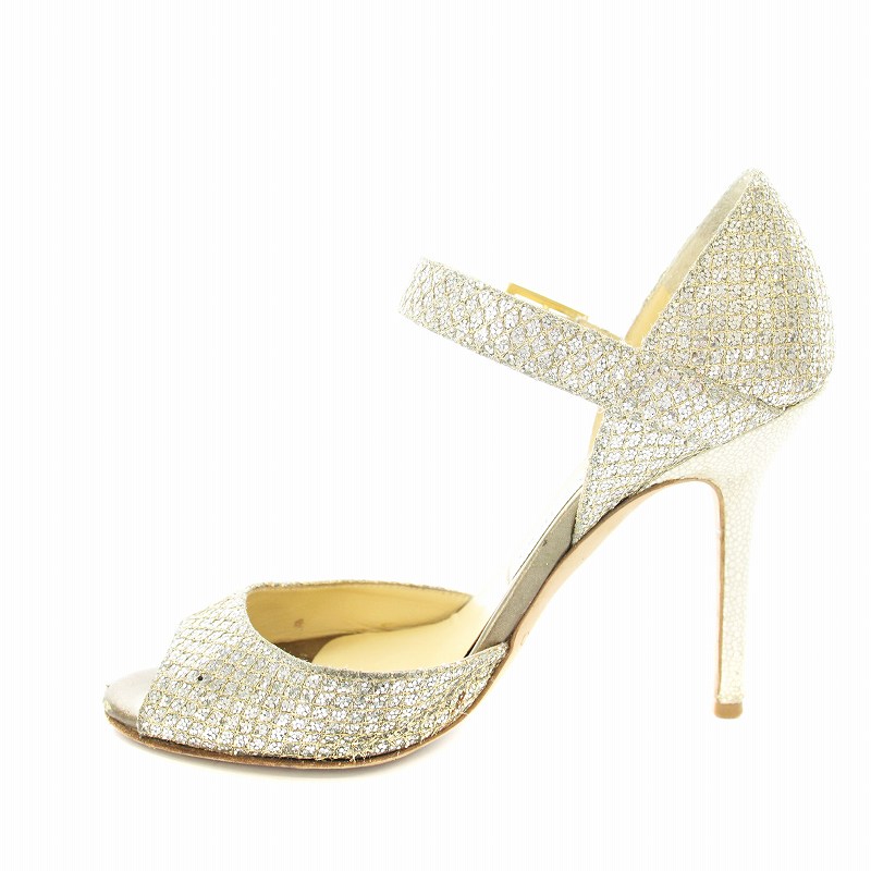 【中古】ジミーチュウ JIMMY CHOO Champagne Glitter Fabric Peep Toe Pumps パンプス オープントゥ ストラップ グリッター レザー 34 21cm シルバーカラー /KU レディース 【ベクトル 古着】 250610 2