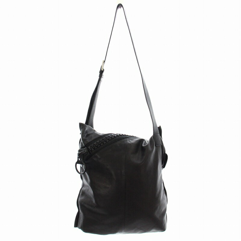 【中古】カワカワ kawa-kawa レザー ショルダーバッグ ビッグファスナー 黒 ブラック /☆G レディース ..