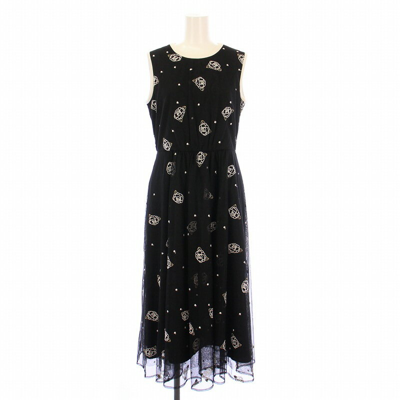 【中古】グレースクラス GRACE Class フラワードットembドレス フレアワンピース チュール ひざ丈 ノースリーブ クルーネック ラメ シアー シースルー 花柄 刺繍 36 黒 ブラック 0223135016 /BB レディース 【ベクトル 古着】 250615