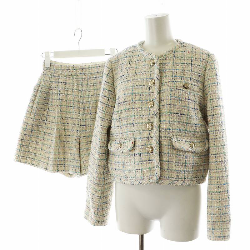 【中古】セルフォード CELFORD 25SS セットアップ パイピングショートジャケット バリエーションタックショートパンツ ノーカラー ツイード スパンコール 36 白 ホワイト 青 ブルー CWFJ251048 CWFP251061 /AN45 レディース 【ベクトル 古着】 250627