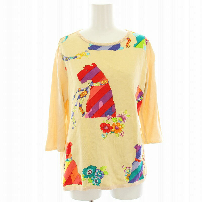 【中古】レオナールスポーツ LEONARD SPORT ニット カットソー 総柄 花柄 七分袖 L ベージュ 赤 レッド..