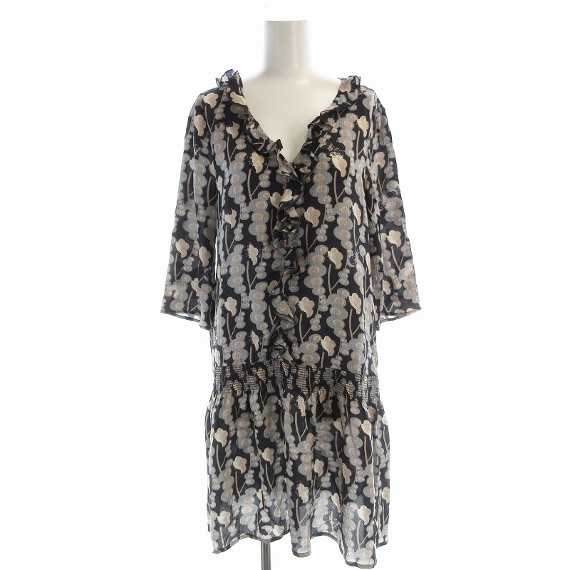 【中古】マックス&コー MAX&CO. ワンピース ひざ丈 総柄 七分袖 絹 シルク 40 黒 ブラック 73136 /EE レディース 【ベクトル 古着】 250627