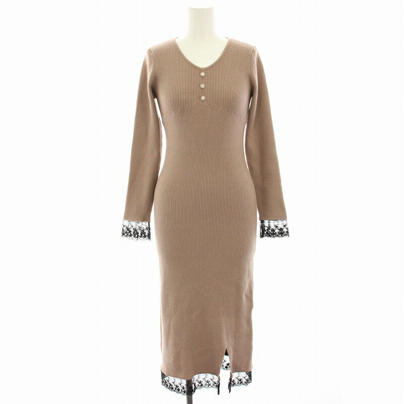 【中古】ミシェルマカロン michell Macaron ニットワンピース レース切替 リブ ミモレ ロング パールボタン 長袖 XS ピンクベージュ 黒 ブラック SPR0019C /HN ■JS レディース 【ベクトル 古着】 250730