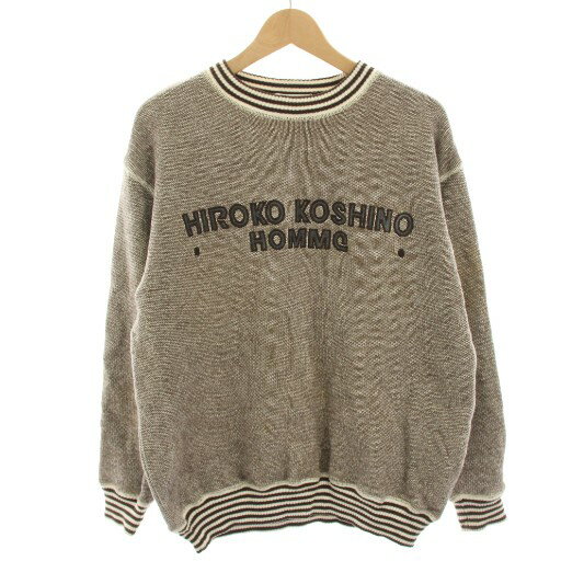 【中古】ヒロココシノ HIROKO KOSHINO HOMME ニット セーター ロゴ刺繍 長袖 L 茶 ブラウン 白 ホワイ..