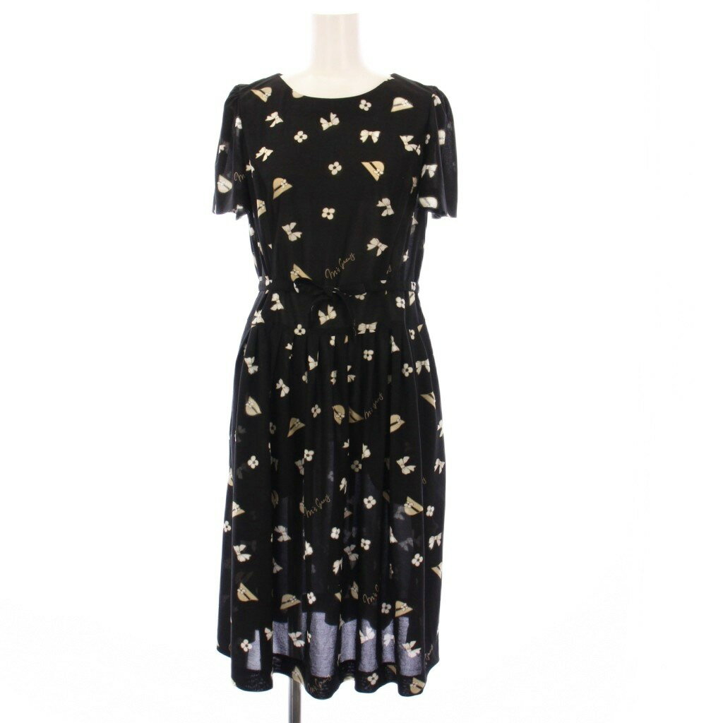 【中古】エムズグレイシー M'S GRACY ワンピース ロング 半袖 パフスリーブ リボン ハット柄 40 黒 IT-811372 /KH レディース 【ベクトル 古着】 250805