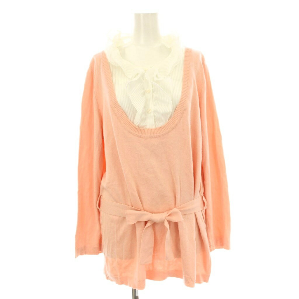 【中古】レリアン Leilian ニット セーター フェイクレイヤード 長袖 フリル ストライプ シルク混 ベルト付き 大きいサイズ 13+ ピンク 白 ホワイト 1200588 /KU レディース 【ベクトル 古着】 250806