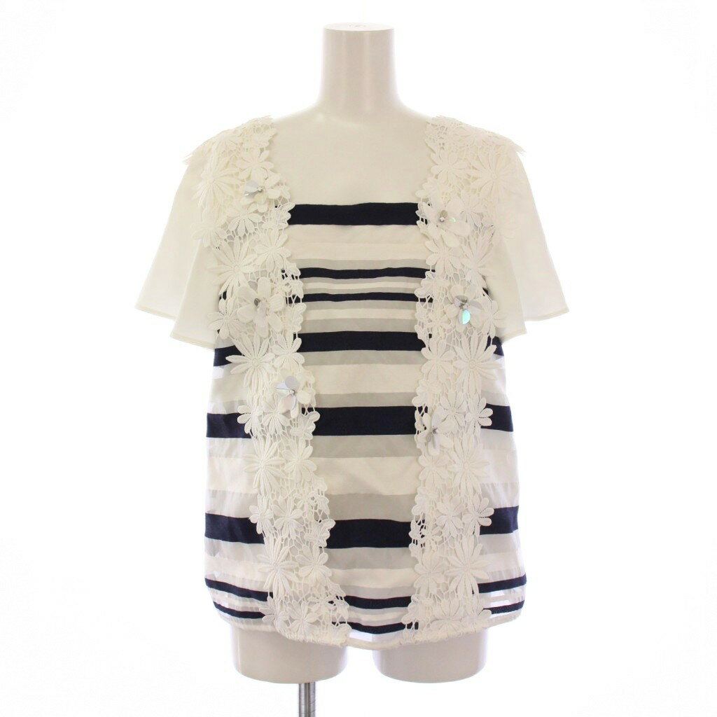 【中古】チェスティ Chesty シャツ ブラウス 半袖 ボーダー柄 花柄 刺繍 0 白 紺 11S615 /BM レディース 【ベクトル 古着】 250807