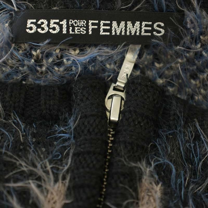 【中古】ゴーサンゴーイチファム 5351 POUR LES FEMMES シャギーニット カーディガン 3480041010 チェック ジップアップ F 青 黒 /☆G レディース 【ベクトル 古着】 250829