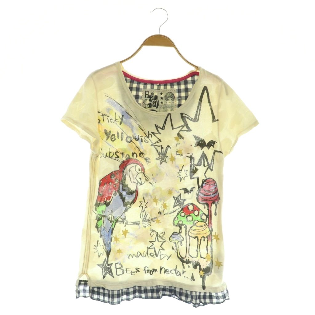 【中古】スカラー ScoLar カットソー チュニック 半袖 総柄 チェック フリル M アイボリー /MY ■OS レディース 【ベクトル 古着】 251029