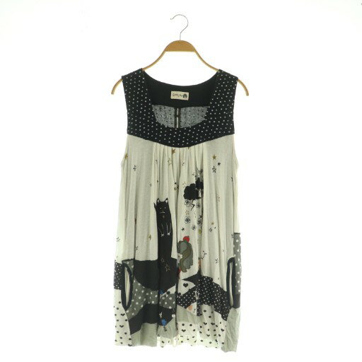 【中古】スカラー ScoLar ワンピース ミニ ノースリーブ 総柄 プリント M ブラック ホワイト /MY ■OS レディース 【ベクトル 古着】 251029