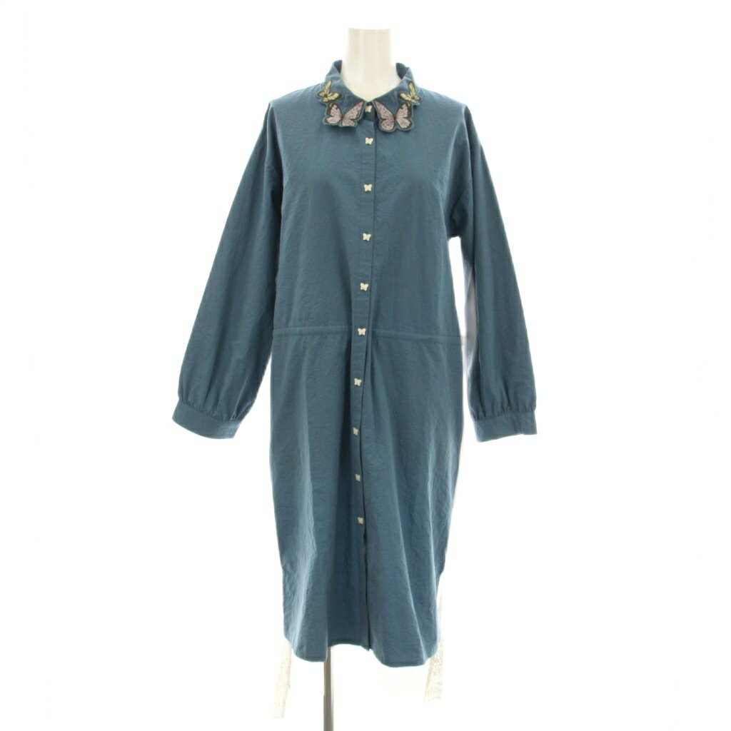 【中古】スカラー ScoLar iS シャツワンピース ミモレ ロング 長袖 蝶柄 刺繍 切替 M 青 ブルー 白 ホワイト /KU レディース 【ベクトル 古着】 250925