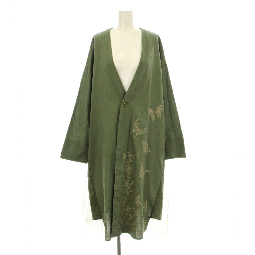 【中古】スカラー ScoLar iS 蝶花刺繍レーヨン麻 ドットチュール ロングカーディガン ジャケット 長袖 リネン混 M カーキ /KU レディース 【ベクトル 古着】 250922
