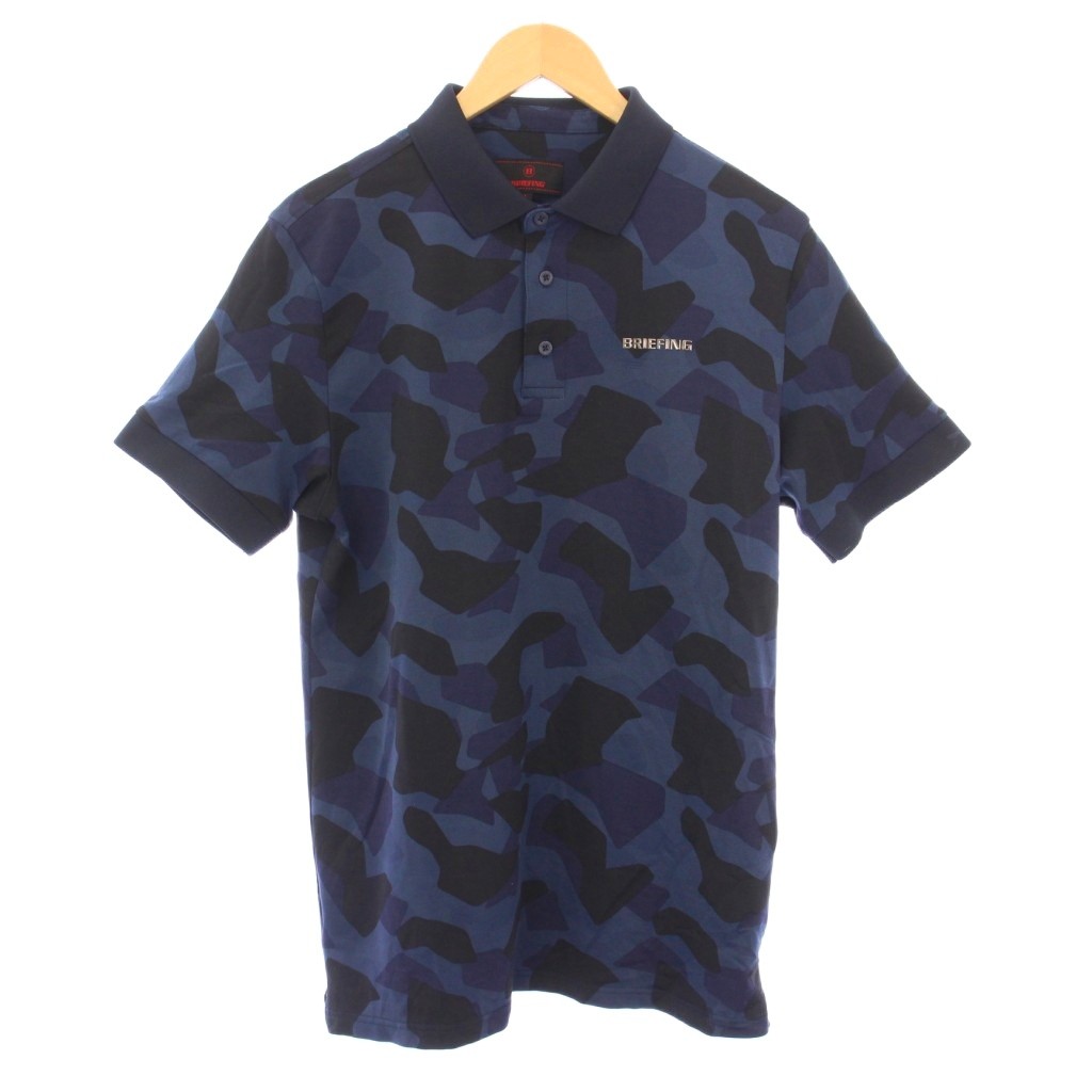 【中古】ブリーフィング BRIEFING ゴルフウェア ポロシャツ 半袖 レギュラーカラー ハーフボタン ストレッチ ロゴ カモフラ 迷彩柄 L 紺 ネイビー 黒 ブラック /BB メンズ 【ベクトル 古着】 251002