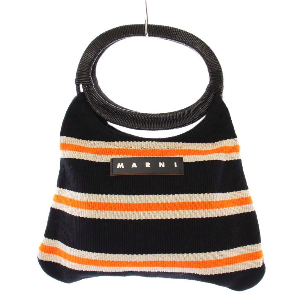 【中古】マルニ MARNI ボートバッグ ハンドバッグ ロゴ ボーダー柄 黒 ブラック オレンジ BOMH0003Q0 /..