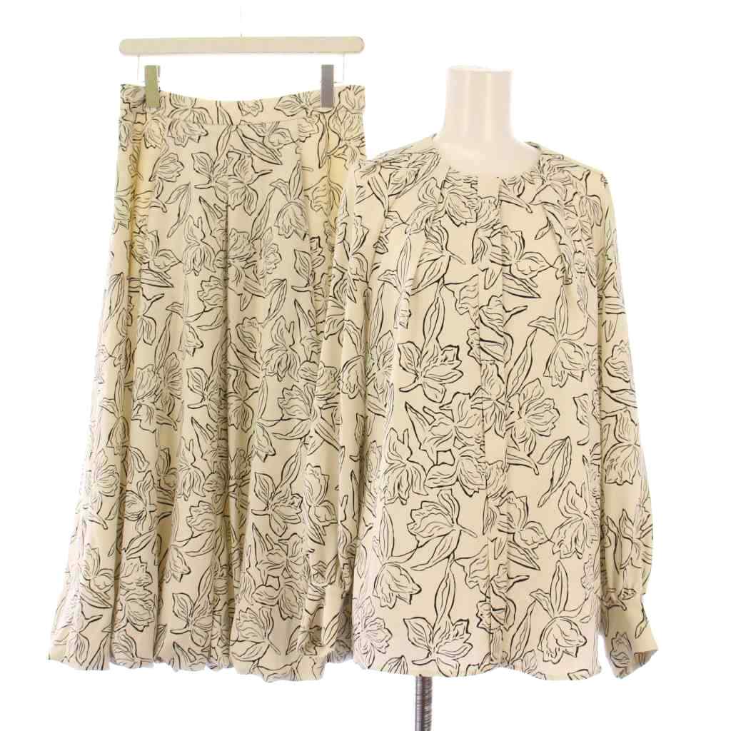 【中古】レリアン Leilian BOURGE セットアップ シャツ ブラウス 長袖 クルーネック フレアスカート バ..