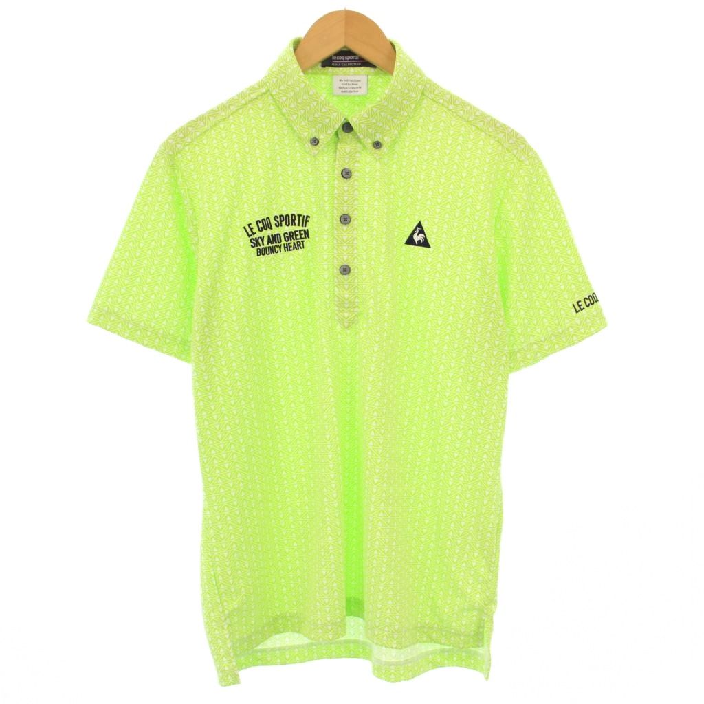 【中古】ルコックスポルティフ Le coq sportif ゴルフウェア ポロシャツ 半袖 レギュラーカラー ストレッチ ハーフボタン 総柄 L 黄緑 ライトグリーン /BB メンズ 【ベクトル 古着】 251022(4)