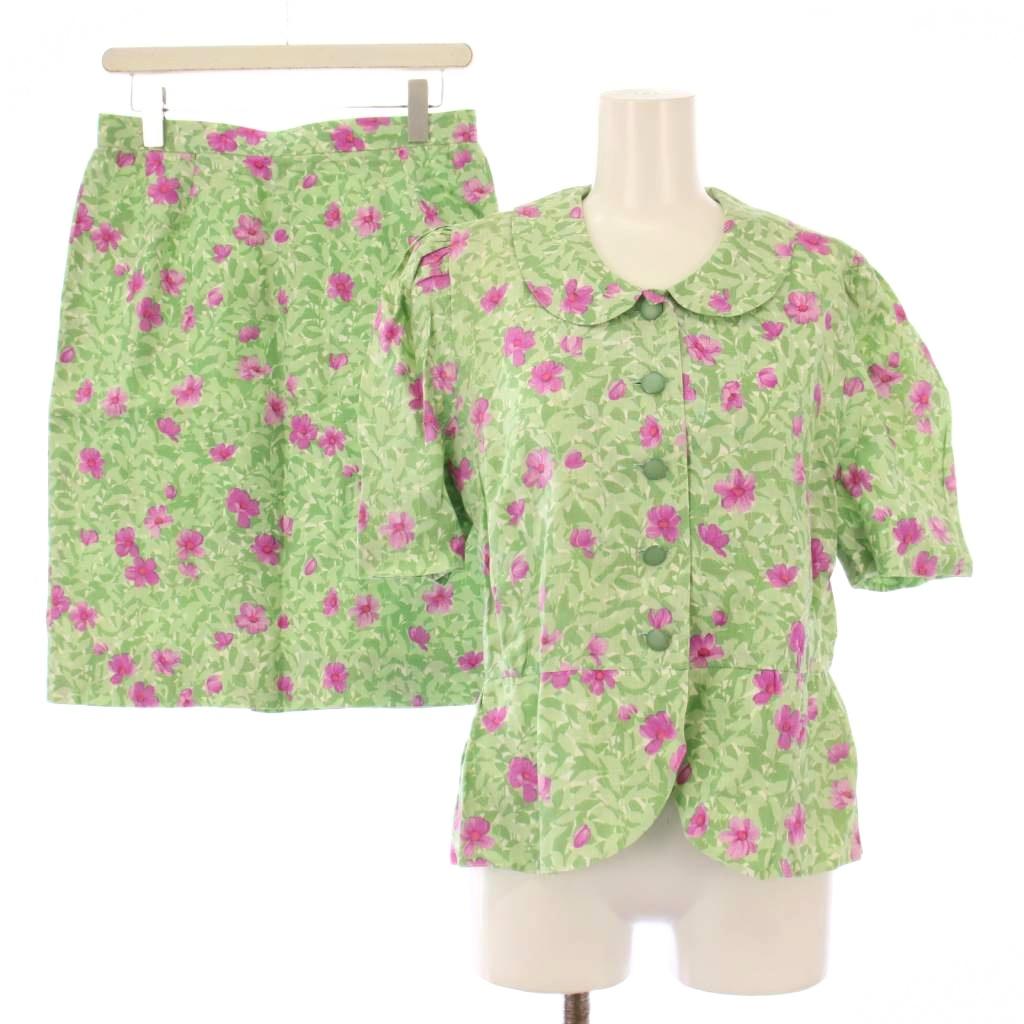 【中古】ジュンアシダ jun ashida セットアップ シャツ ブラウス 半袖 丸襟 タイトスカート ひざ丈 花..