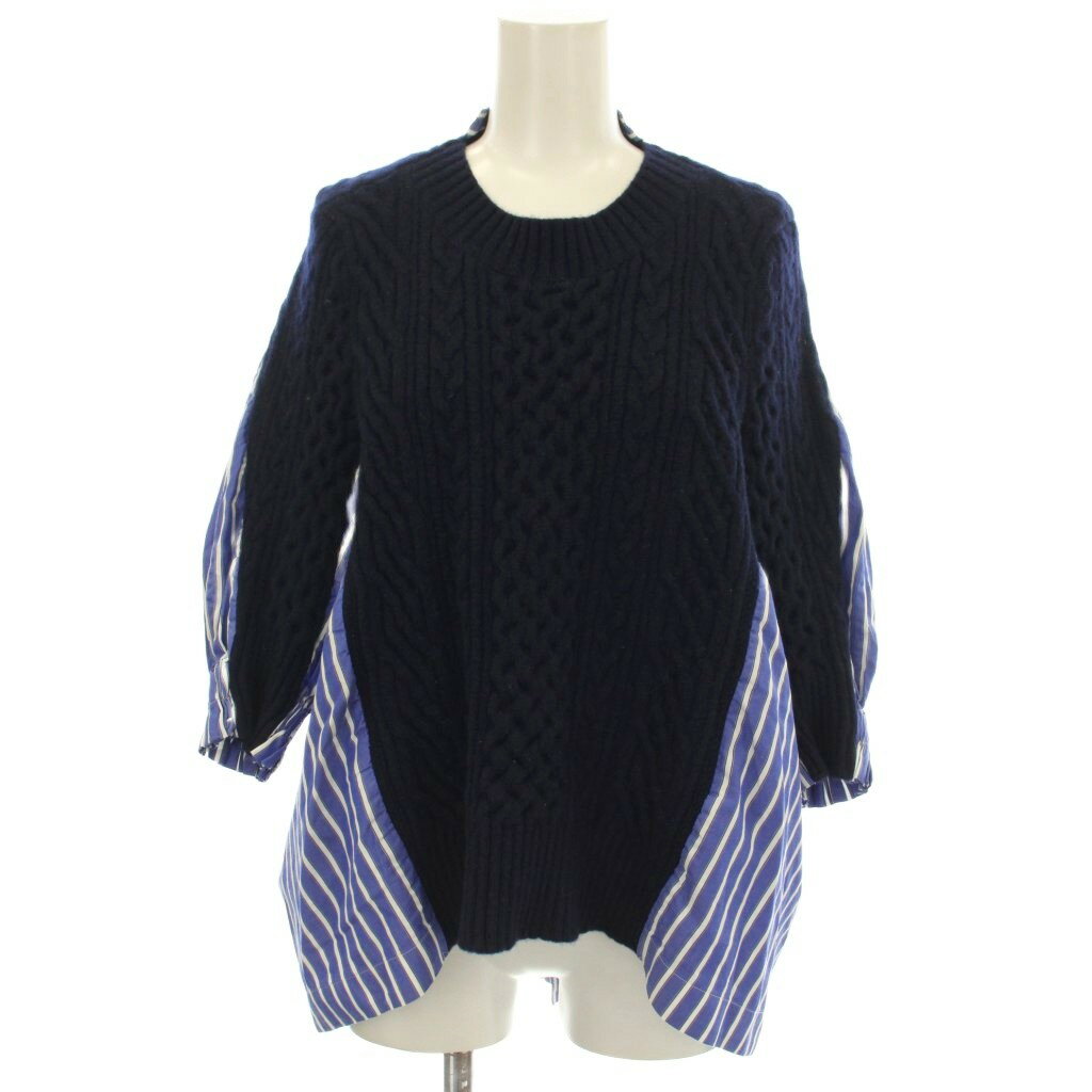 【中古】サカイ sacai ニット ドッキングシャツ ストライプ 五分袖 ネイビー 紺 SCN-040 /☆G レディー..