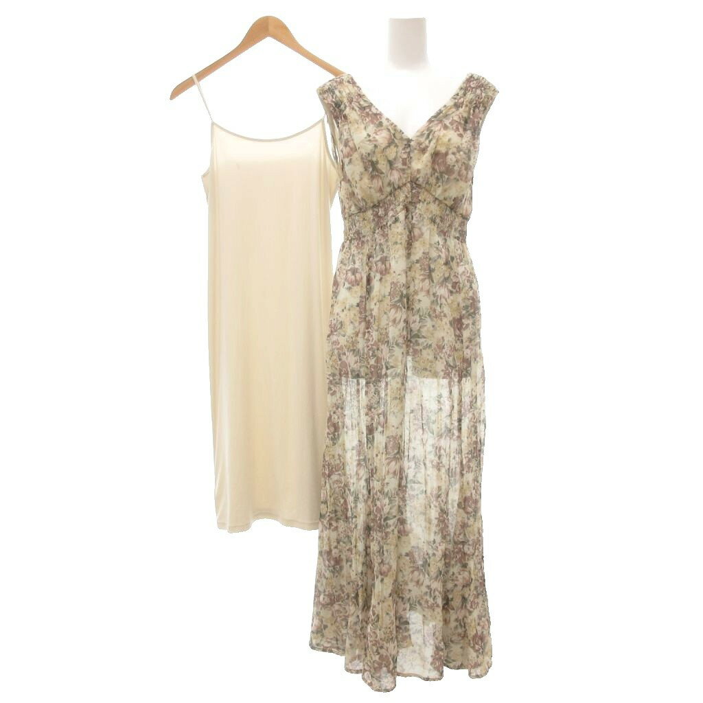 【中古】ココディール COCO DEAL ノースリーブワンピース マキシ ロング丈 キャミソール付き 花柄 ギャザー 2 ベージュ ピンク 緑 グリーン /NU レディース 【ベクトル 古着】 251119