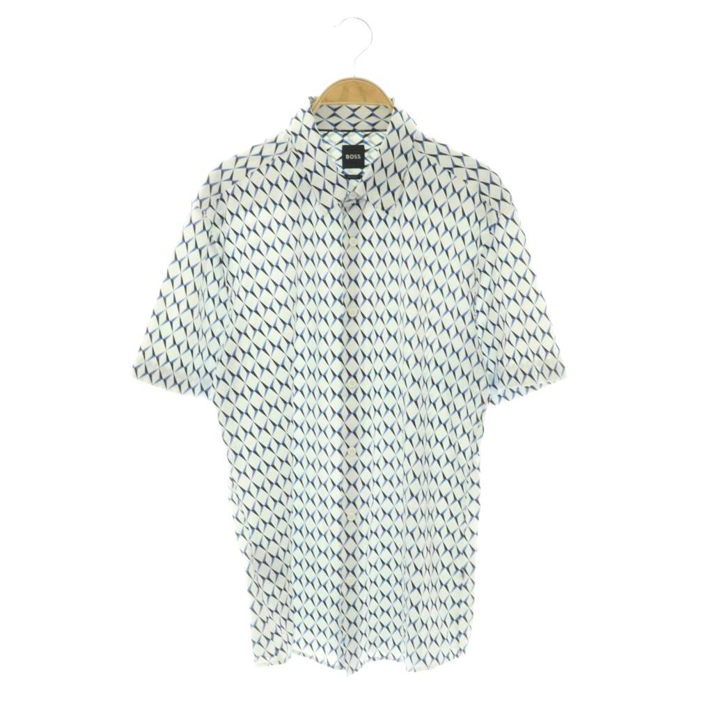 【中古】ボス BOSS SLIM FIT シャツ 半袖 前開き 総柄 M 白 青 黒 /NR メンズ 【ベクトル 古着】 260128