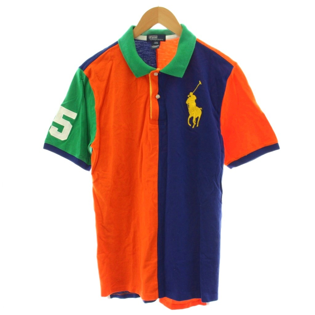【中古】ポロ バイ ラルフローレン Polo by Ralph Lauren ビッグポニー ポロシャツ 半袖 刺繍 コットン 170 オレンジ 緑 グリーン 青 ブルー CWRLKNIY1I00179 /AN71 ■MA メンズ 【ベクトル 古着】 260325