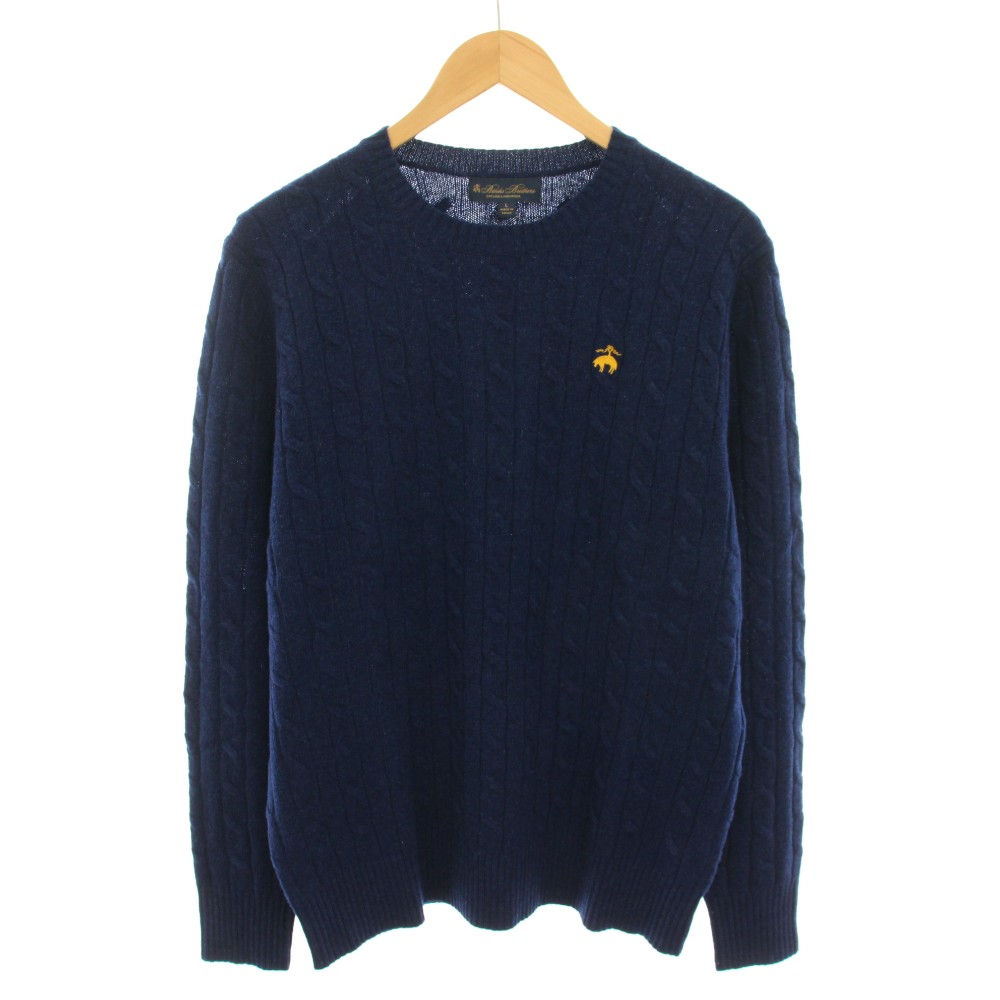 【中古】未使用品 ブルックスブラザーズ BROOKS BROTHERS ニット セーター クルーネック 長袖 ロゴ刺繍 ケーブル編み L 紺 ネイビー 黄 イエロー 100-300-310-312 /YT メンズ 【ベクトル 古着】 260421（楽天・ブランド古着ベクトルプレミアム店）