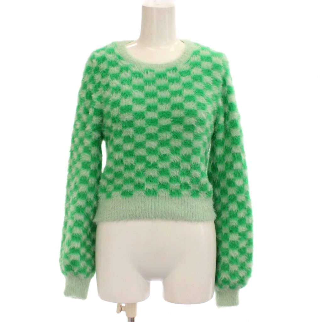 Three-Quarter Knit - 【中古】ザラ ZARA ニット セーター M 黄緑 グリーン 市松模様 ラウンドネック 長袖 /JP レディース 【ベクトル 古着】 260423