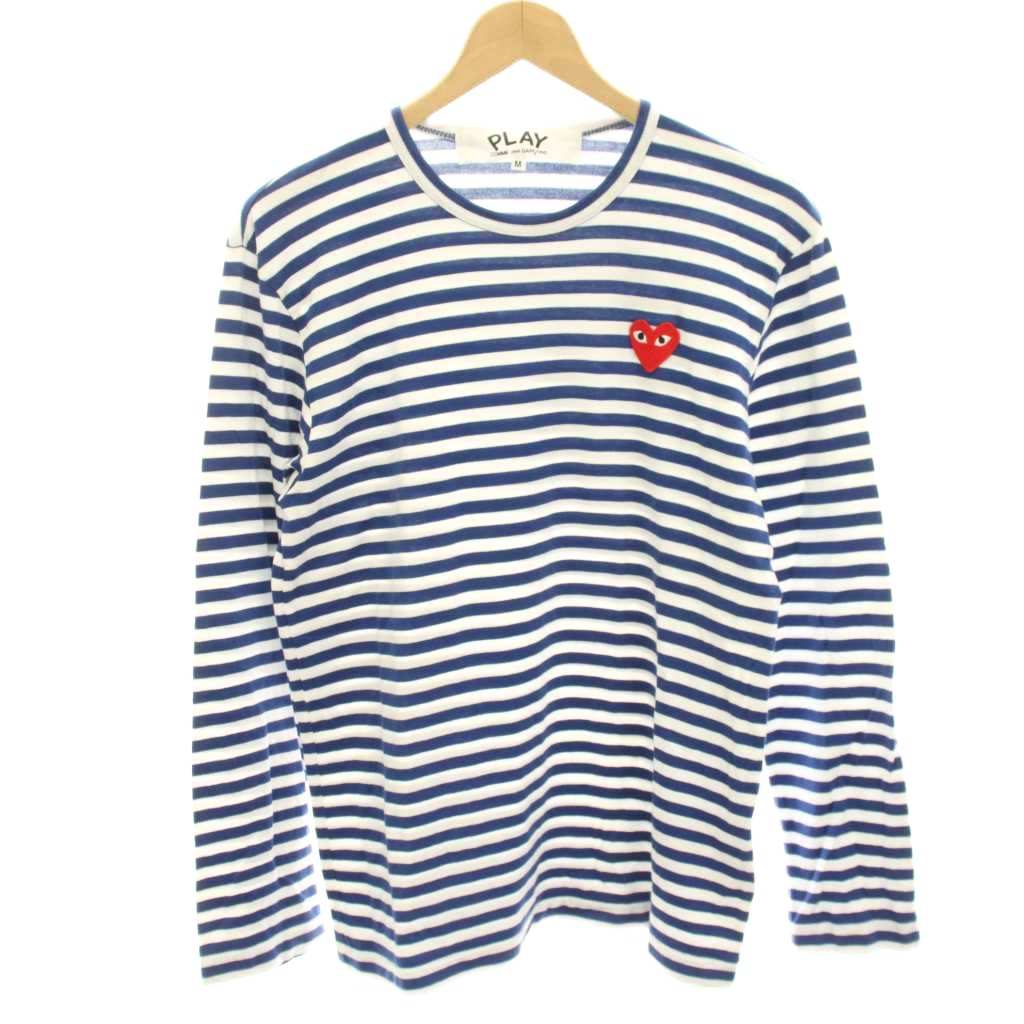 【中古】プレイコムデギャルソン PLAY COMME des GARCONS AD2002/2 Border Long Sleeve T-Shirt Tシャツ カットソー ハートロゴ 長袖 ボーダー M 白 ホワイト 青 ブルー AZ-T164 /HN レディース 【ベクトル 古着】 260508