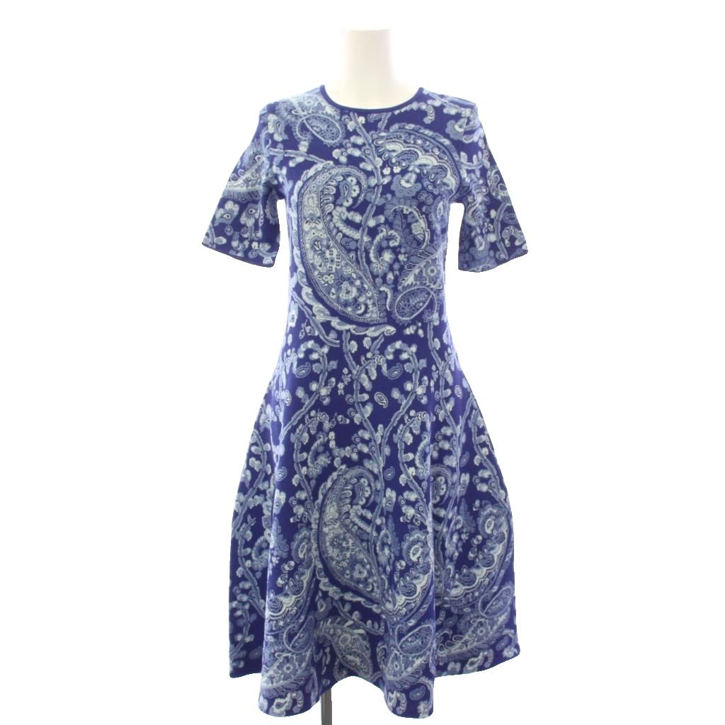 未使用品 エトロ ETRO 26年製 KNIELANGES JACQUARD-KLEID MIT FLORALEM PAISLEY-MOTIV ニットワンピース 半袖 ひざ丈 フレア ペイズリー柄 40 青 261-WRKA0022-AQ332 /KH レディース  260511