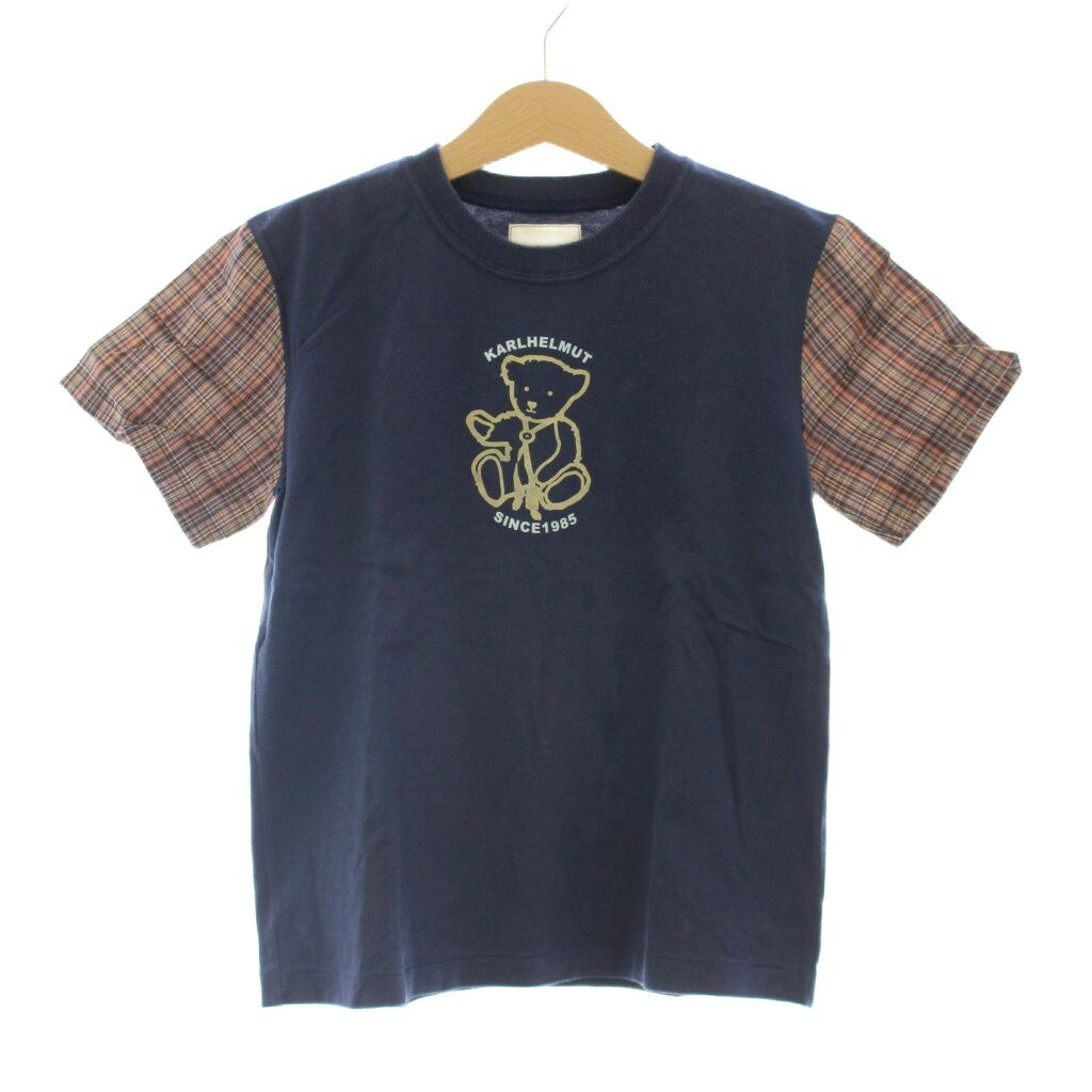 【中古】ボーイズカールヘルム BOY 039 s Karl Helmut Tシャツ カットソー 子ども服 男の子 LL 紺 ネイビー 半袖 チェック柄 ロゴプリント /LP キッズ 【ベクトル 古着】 260514