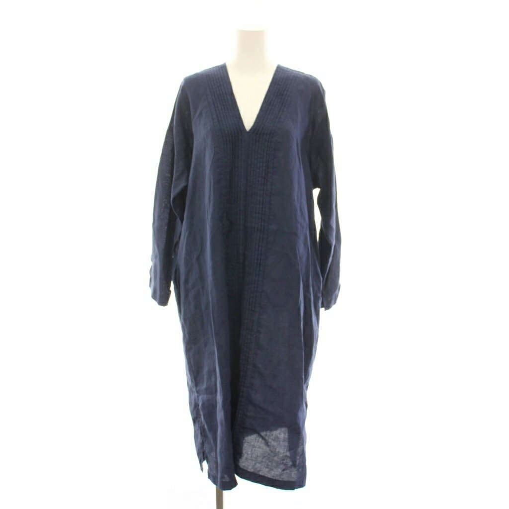 Rakuten - 【中古】ゼロハチマブ 08mab ワンピース ロング リネン Vネック 長袖 M-L ネイビー /YM レディース 【ベクトル 古着】 260515