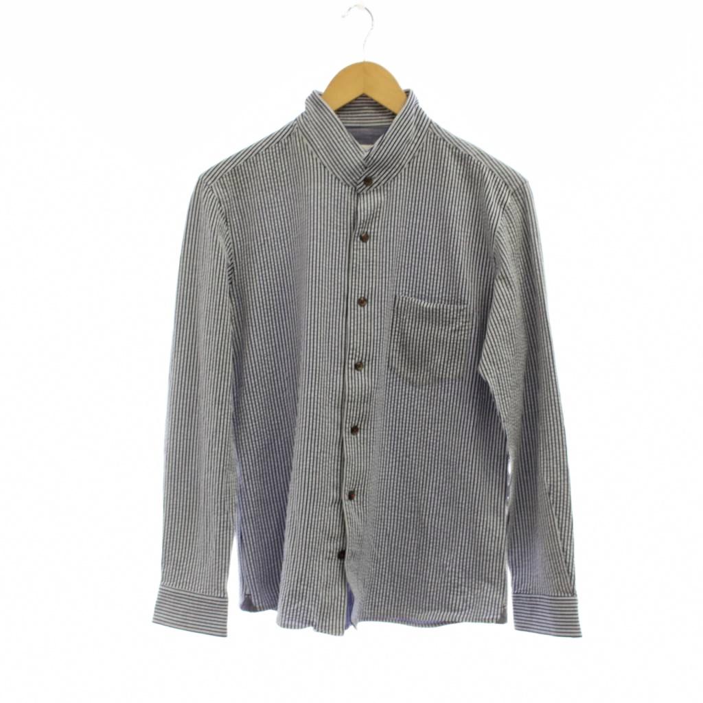樂天商城 - 【中古】メンズメルローズ MEN'S MELROSE シャツ 5 紺 白 ストライプ柄 バンドカラー 長袖 /JP メンズ 【ベクトル 古着】 260519