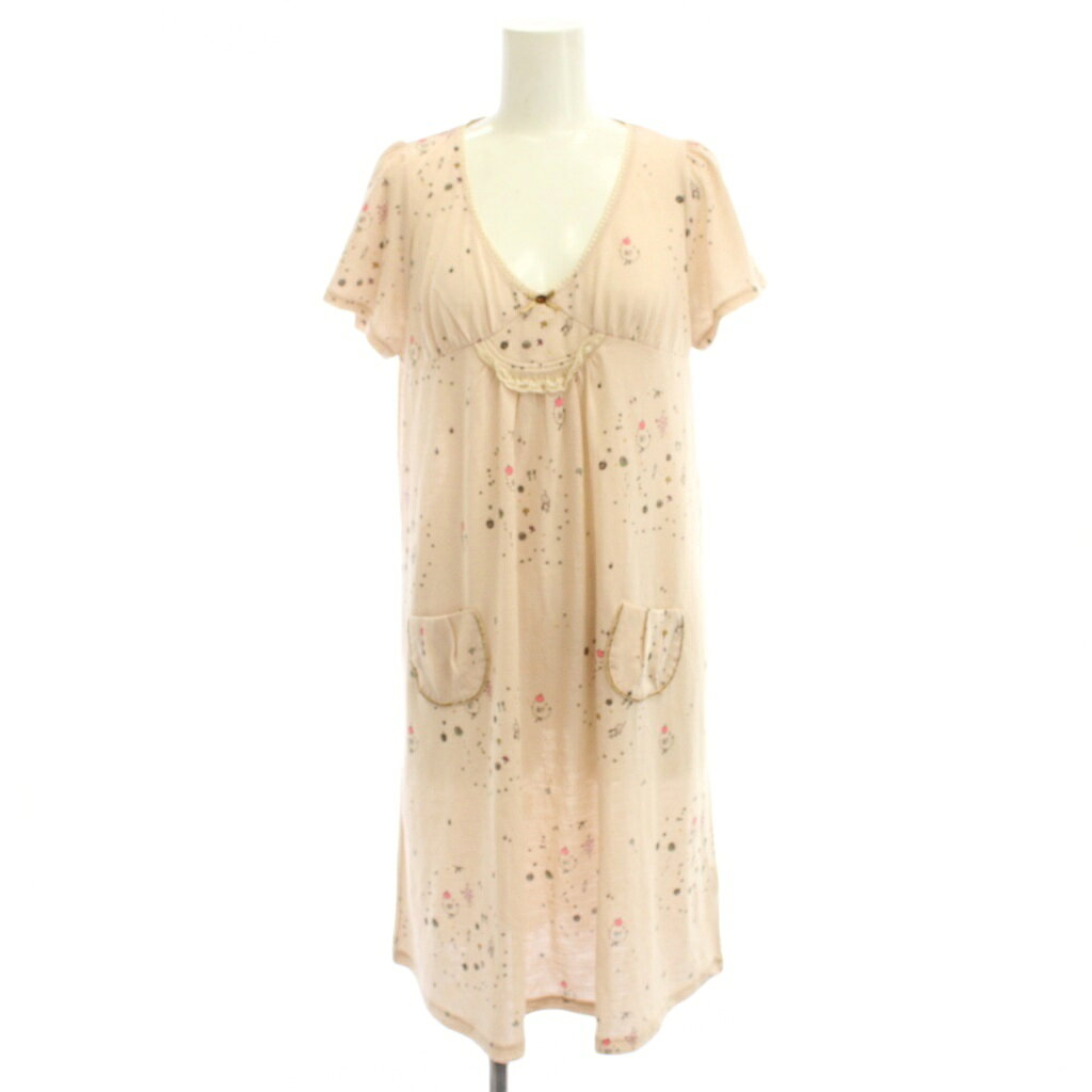 【中古】シェリーラファム Cherir la femme ワンピース M ピンク 総柄 Vネック 半袖 ひざ丈 /JP レディース 【ベクトル 古着】 260529