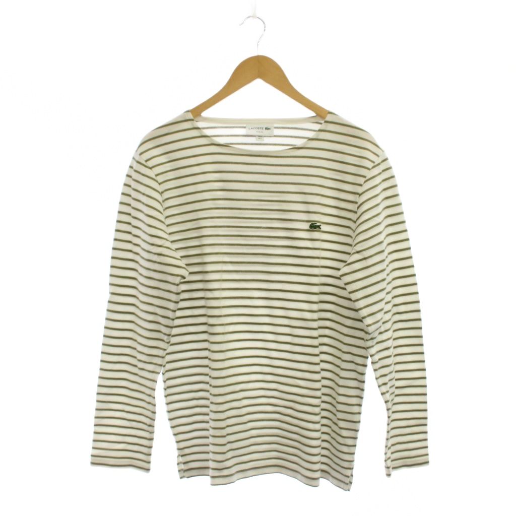 ラコステ LACOSTE COTTON PIQUE BASQUE SHIRT Tシャツ US L 白 カーキ ボーダー柄 ラウンドネック 長袖 TH206EL /JP メンズ  260609
