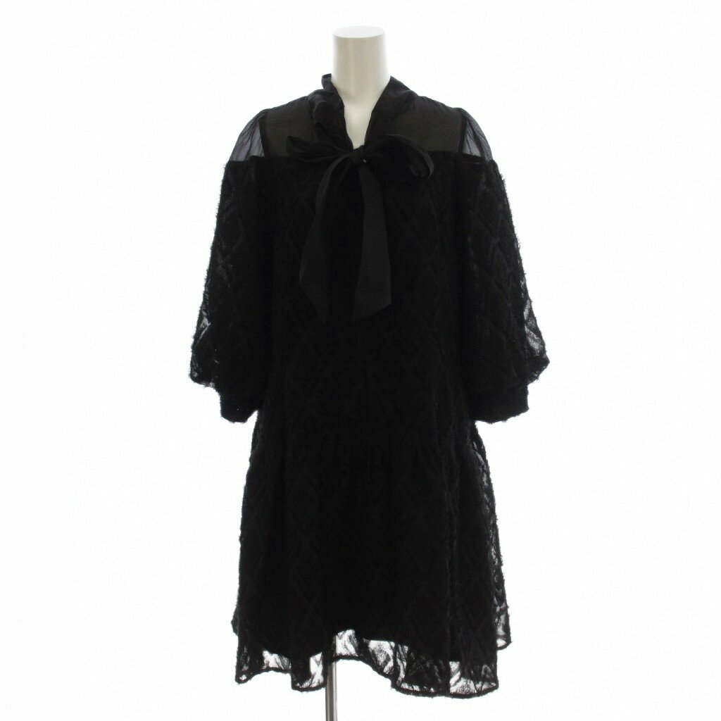 [Used] Noela Jacquard Midi Dress, Size F, Black, Bow Tie, Knee-Length, Three-Quarter Sleeves /LP62 Women's [Vector Used Clothing] 260617