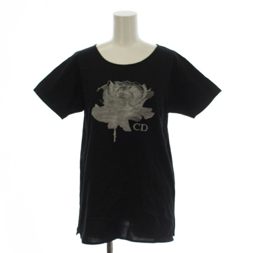 【中古】クリスチャンディオール Christian Dior カットソー 9 黒 ブラック ローズプリント クルーネック 半袖 /LP49 レディース 【ベクトル 古着】 260617
