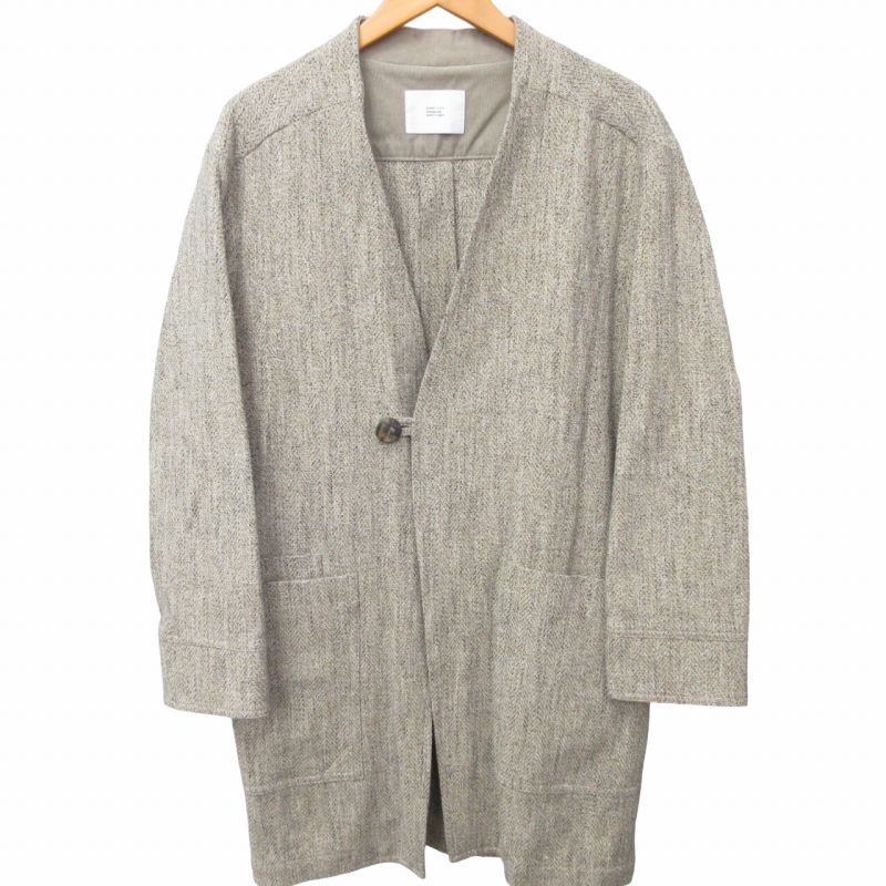 【中古】ハトラ HATRA 近年モデル ノーカラーコート 作務衣 ジャケット ヘリンボーン 茶 ブラウン系 2 約Mサイズ 0305 メンズ 【ベクトル 古着】 240305