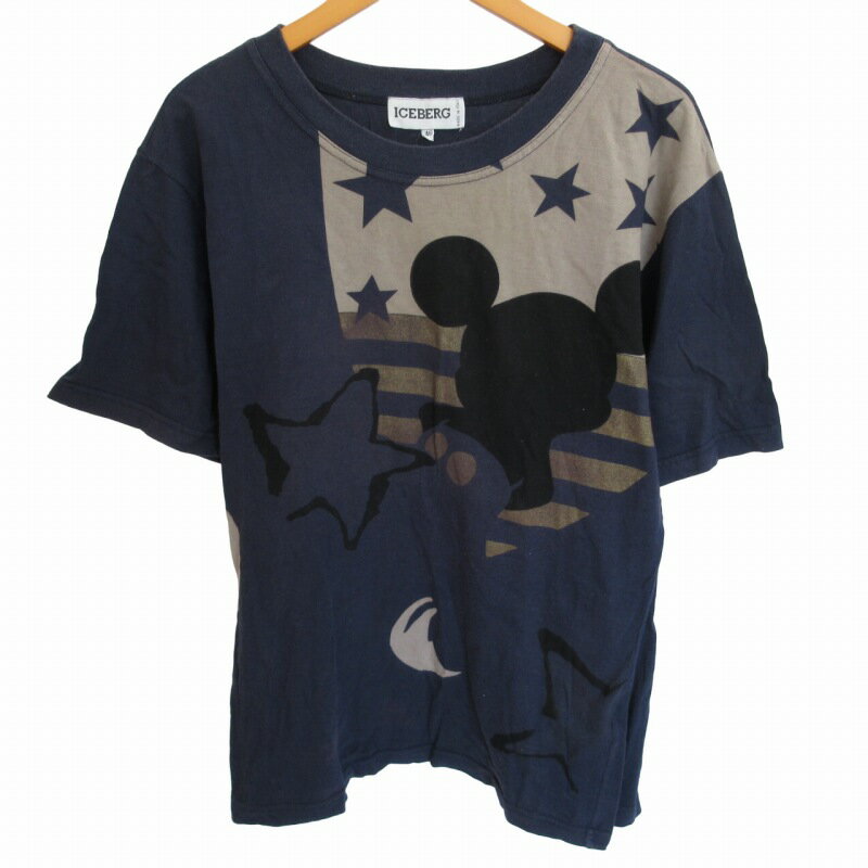 【中古】アイスバーグ ICEBERG × ディズニー Disney コラボ ヴィンテージ 90s Tシャツ カットソー プリント ミッキー 半袖 紺 ネイビー 46 約S 0902 IBO56 メンズ 【ベクトル 古着】 240923