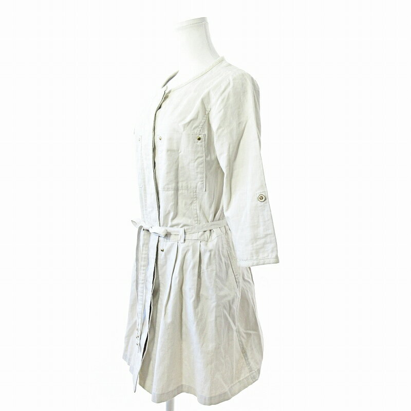 【中古】レディラックルカ LADY LUCK LUCA シャツ ワンピース 膝丈 7分袖 ロールアップ袖 ノーカラー ジャケット リネン混 麻混 切替 38 ベージュ 0131 IBO64 レディース 【ベクトル 古着】 250131