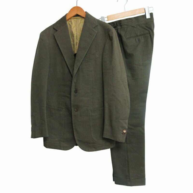 【中古】スティレラティーノ Stilelatino 最高級 AUVINCENZOモデル シングルスーツ セットアップ 段返り3B 本切羽 サイドベンツ コットンシルク カーキ オリーブ サイズ44 IBO68 メンズ 【ベクトル 古着】 250304