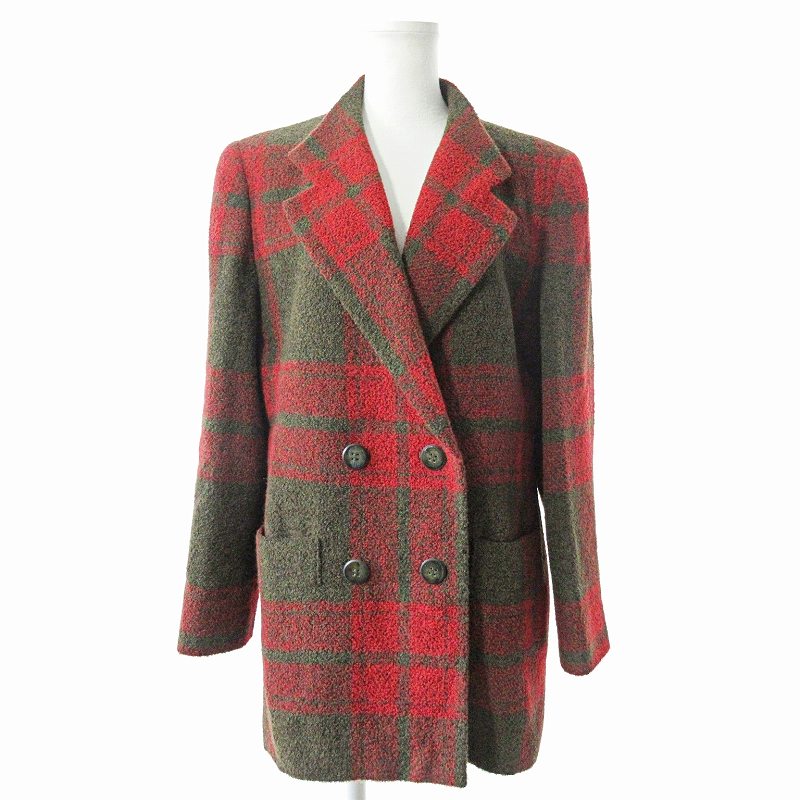 【中古】ピエールカルダン Pierre Cardin 美品 チェック柄 ツイード ダブル チェスターコート ジャケット ウール 13 赤 緑 0523 IBO72 レディース 【ベクトル 古着】 250523