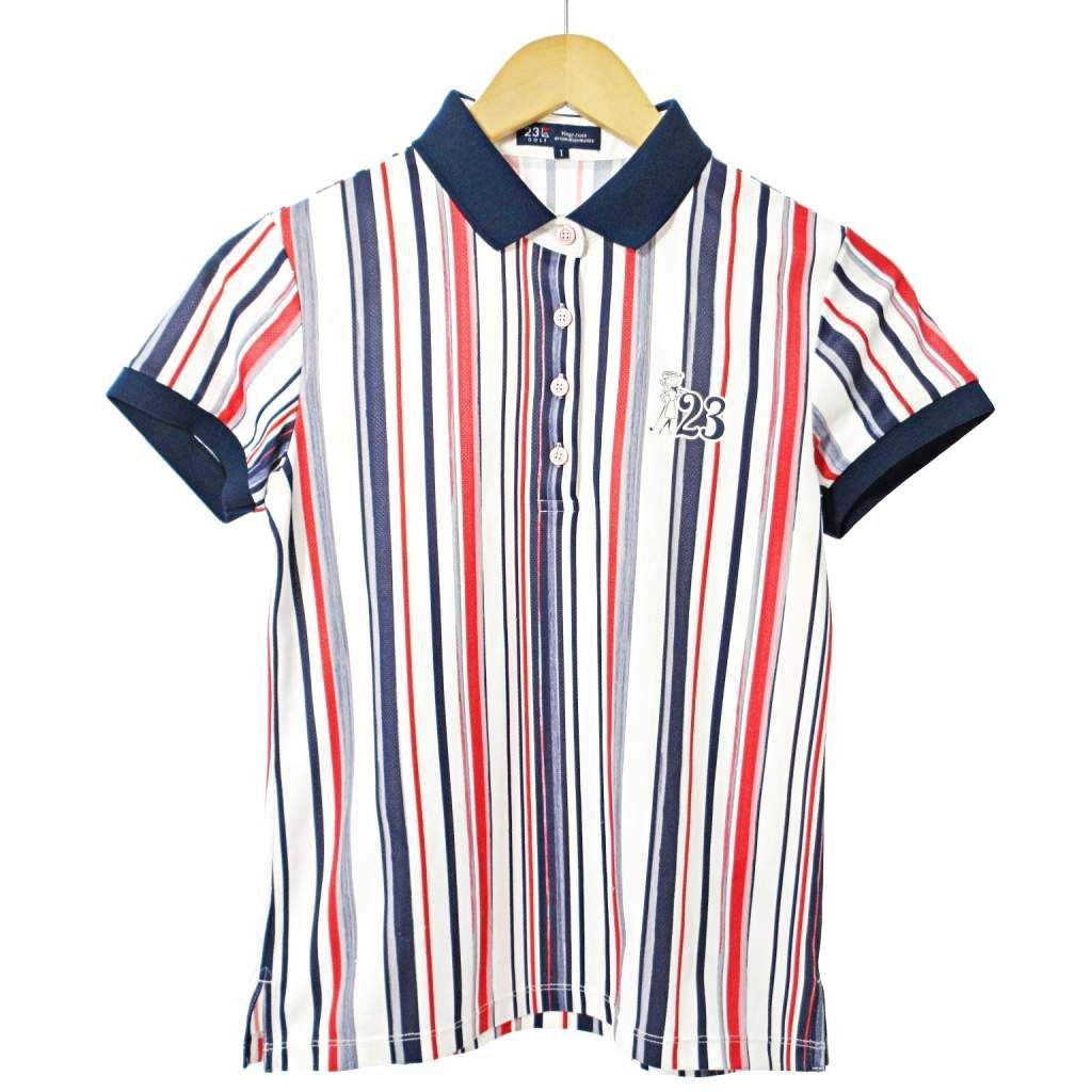【中古】23区 オンワード樫山 Gplf ポロシャツ カットソー 半袖 ゴルフ ウエア マルチストライプ ロゴ..
