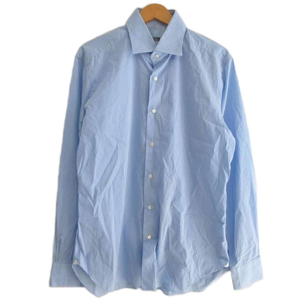 【中古】バルバ BARBA ギンガムチェック ドレスシャツ コットンナイロン イタリア製 長袖 ブルー 青 41..