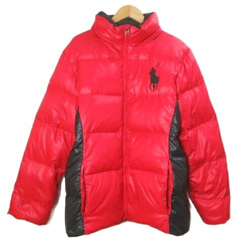 【中古】ポロ バイ ラルフローレン Polo by Ralph Lauren ダウンジャケット フリース裏地 ジップアップ ビッグポニー 刺? ナイロン スタンドカラー バイカラー キッズ L 14-16 約160cmメンズ約XS 赤 黒 フード欠損 IBO92 /X キッズ 【ベクトル 古着】 260406