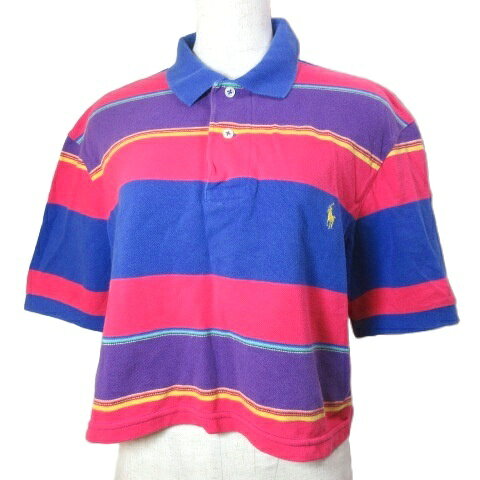 【中古】ポロ バイ ラルフローレン Polo by Ralph Lauren ポロシャツ クロップド丈 ボーダー 半袖 ポニー刺? S ブルー パープル ピンク IBO92 /X レディース 【ベクトル 古着】 260404