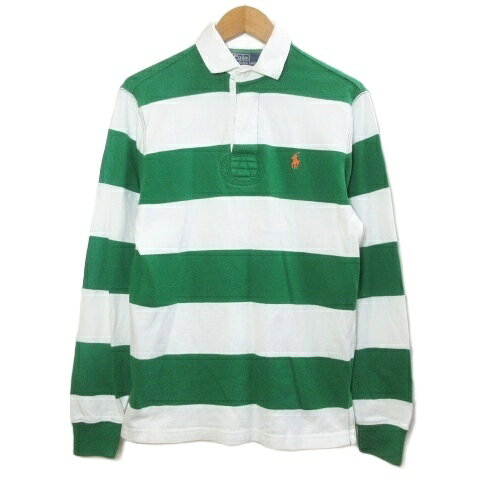 【中古】ポロ バイ ラルフローレン Polo by Ralph Lauren ラガーシャツ 長袖 ボーダー ポニー刺? カスタムフィット XS 白×緑 IBO92 /X メンズ 【ベクトル 古着】 260404