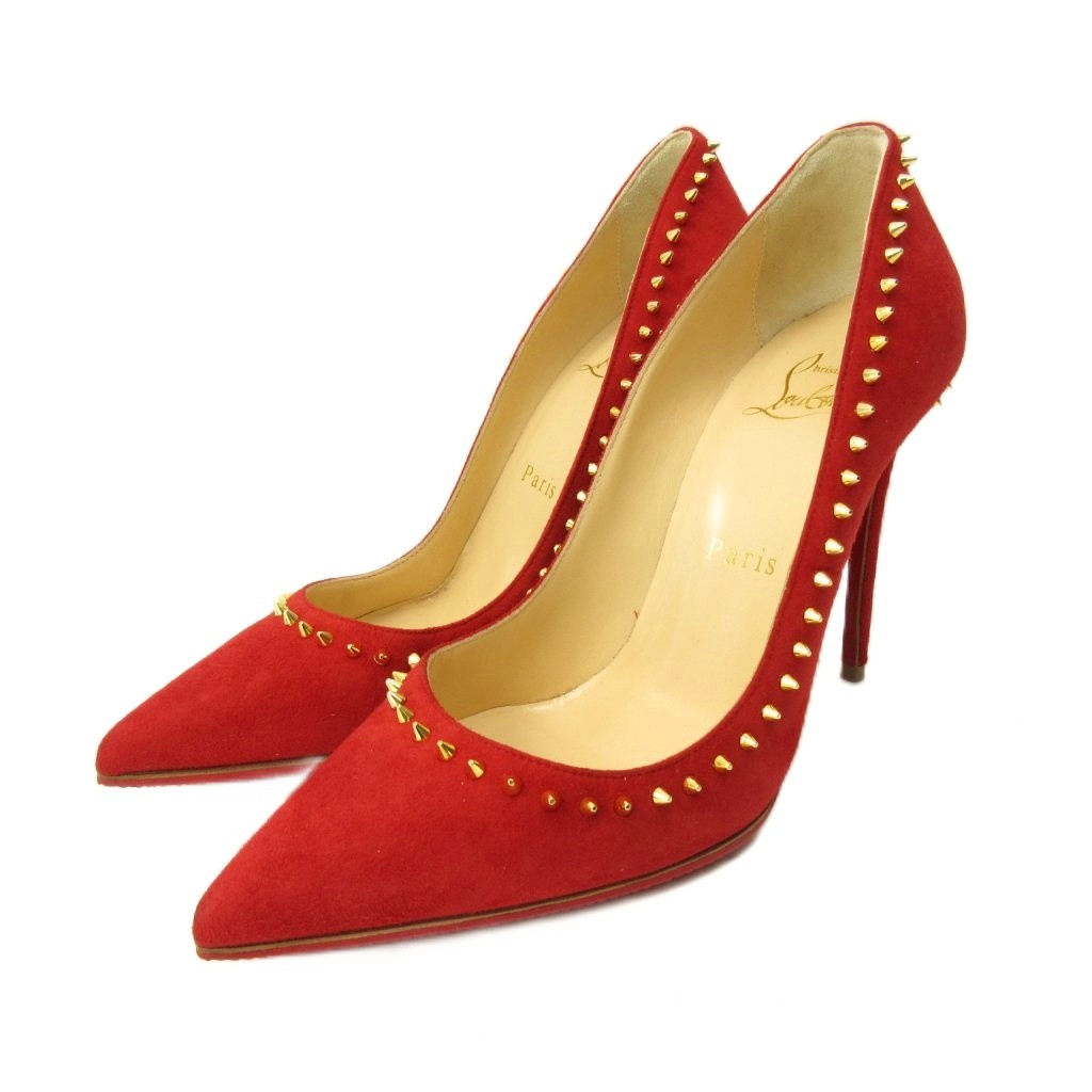 クリスチャンルブタン Christian louboutin 美品 ANJALINA85 アンジェリーナ パンプス シューズ ハイヒール ヌバック レザー スタッズ 35 22.0cm 赤 レッド 0320 ■MNK6 レディース  260320