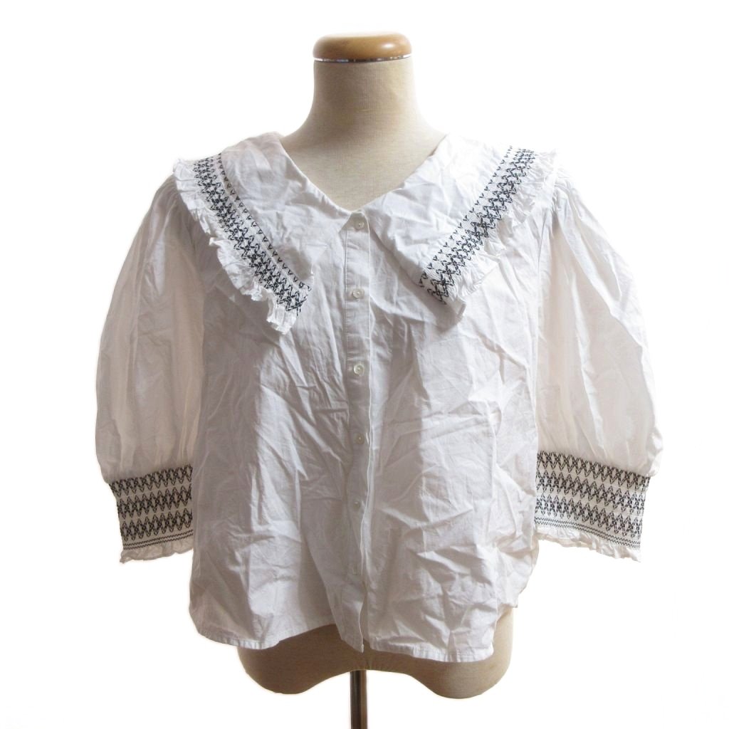 樂天商城 - 【中古】ザラ ZARA 美品 シャツ ブラウス L 白 ホワイト ビッグカラー 刺繍 七分袖 /SJ レディース 【ベクトル 古着】 260409